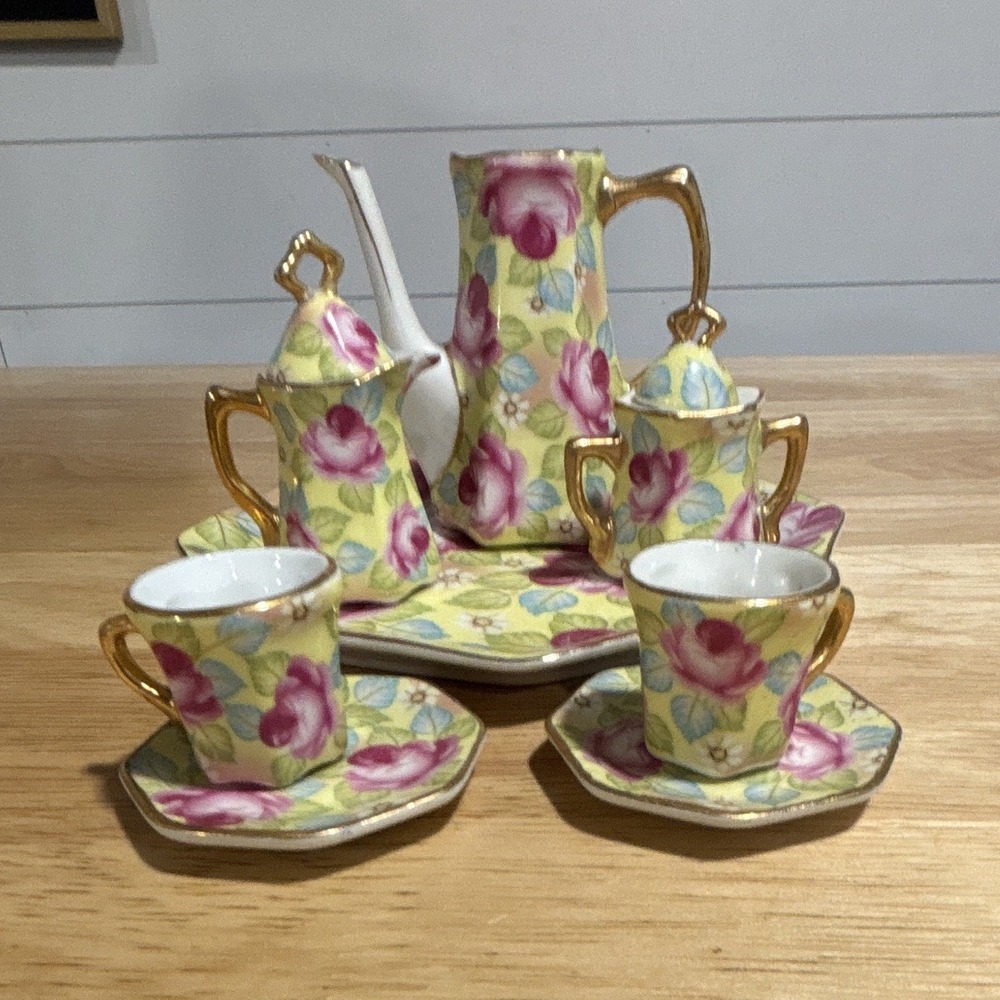 Vintage Miniature Ceramic "Roses"Glazed 10 Piece Tea Set
